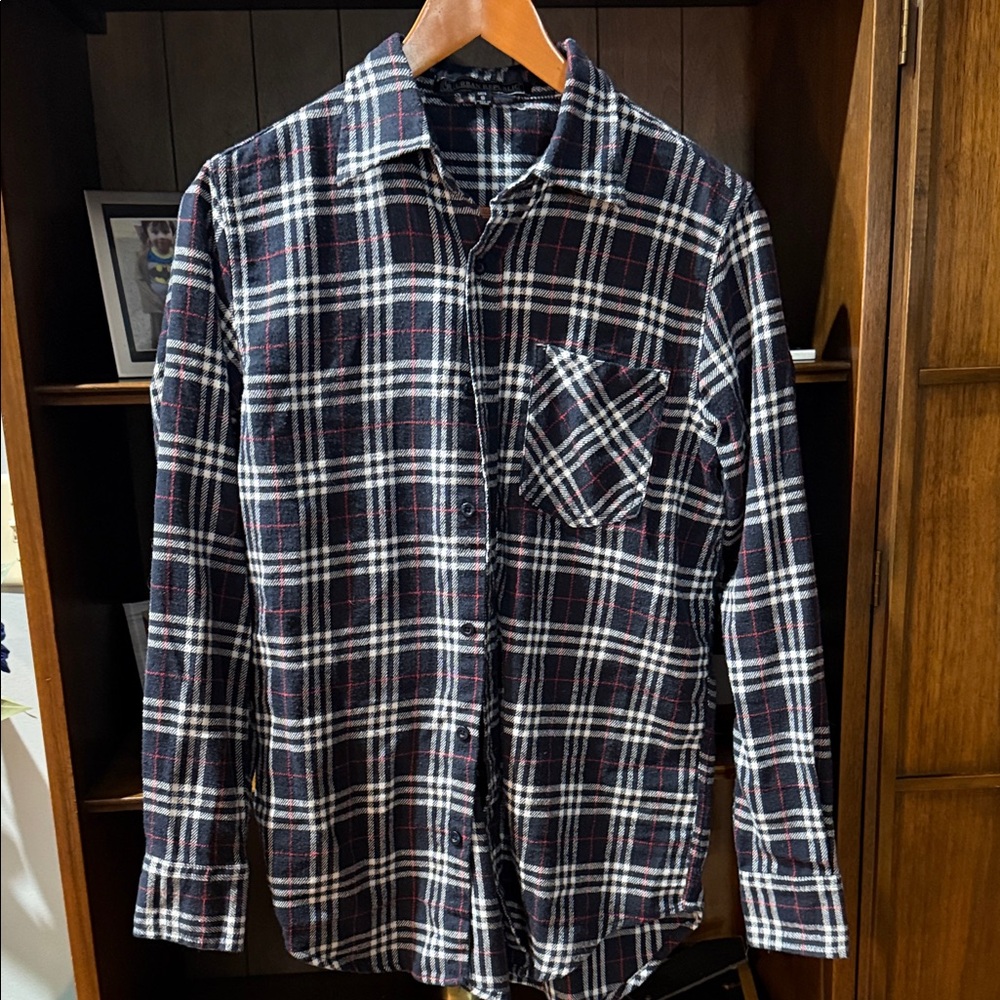 Men's Navy and White Plaid flannel Shirt-S